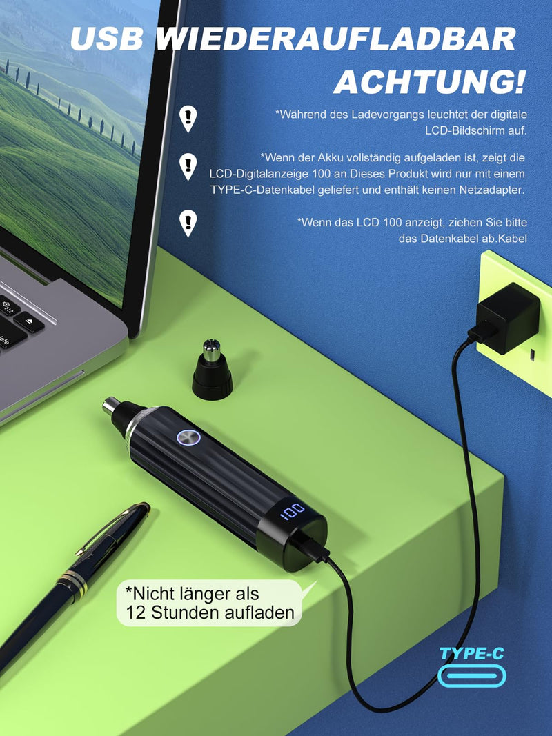 [Australia] - Brigin Nose Hair Trimmer, Rechargeable Nose Hair Trimmer with LED Display, 2 IN 1 Pain-Free Multifunctional Ear and Nose Hair Trimmer with IPX7 Waterproof Xjq-5002-bk 