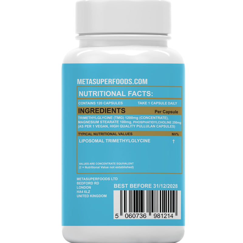 TMG 120 Capsules (1200mg) 99% Pure Trimethylglycine Supplement as Betaine | High Strength 1-A-Day | 4 Months Supply | Liver Heart Health | Liposomal Delivery for Max Absorption, Longevity, Vegan