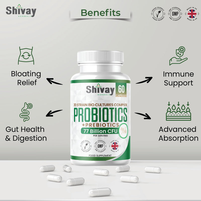 Probiotics & Prebiotic Bio Cultures Complex | 77 Billion CFU | 60 Vegan Capsules - 1 Month Supply | 20 Multi-Strain Gut-Friendly Live Bacteria Supplement | UK Made - Shivay Herbals