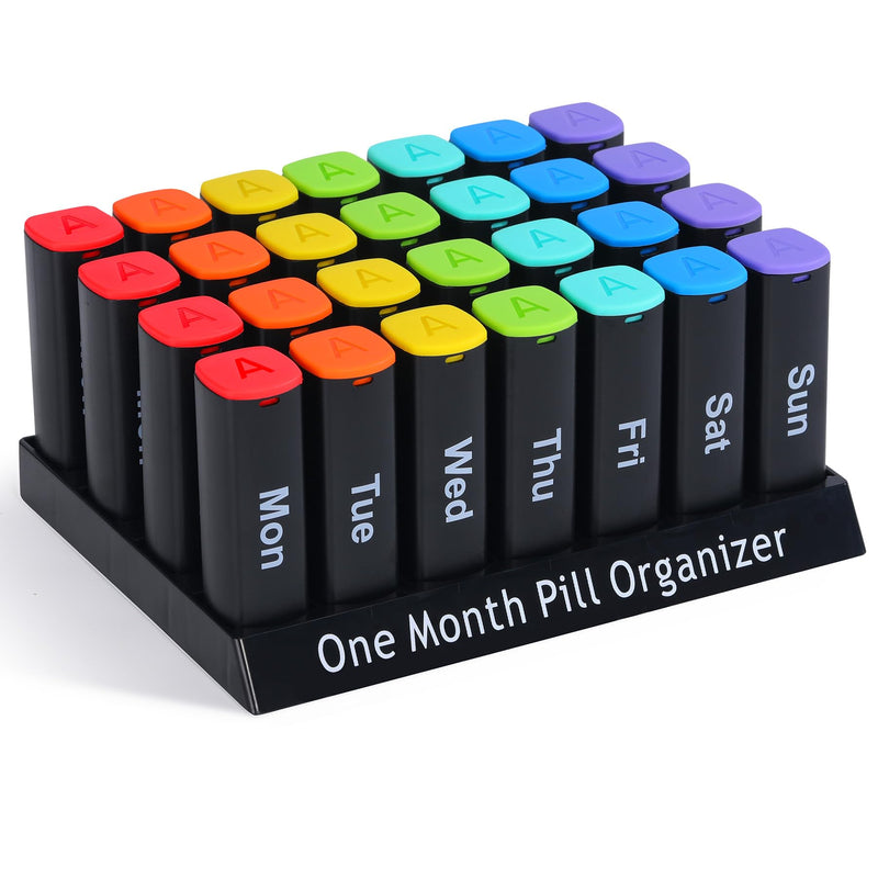 CAidRE Monthly Pill Organizer AM PM, Black XL Medication Box | 28 Day Moisture Proof Case for Vitamins and Supplements, Travel Friendly Individual Pods, Discreet 4 Week Storage Black1 monthly pill oeganizer