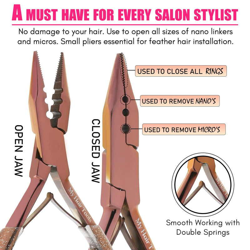 Pro Hair Extension Tools Mini 3 Holes Silicone Micro Beads & Nano Rings Hair Extensions Opener & Remover Pliers Hair Tinsel Feathers Fitting Plier Micro Bead Crimping Plier (Rose Gold Titanium Coated) Black,rose Gold