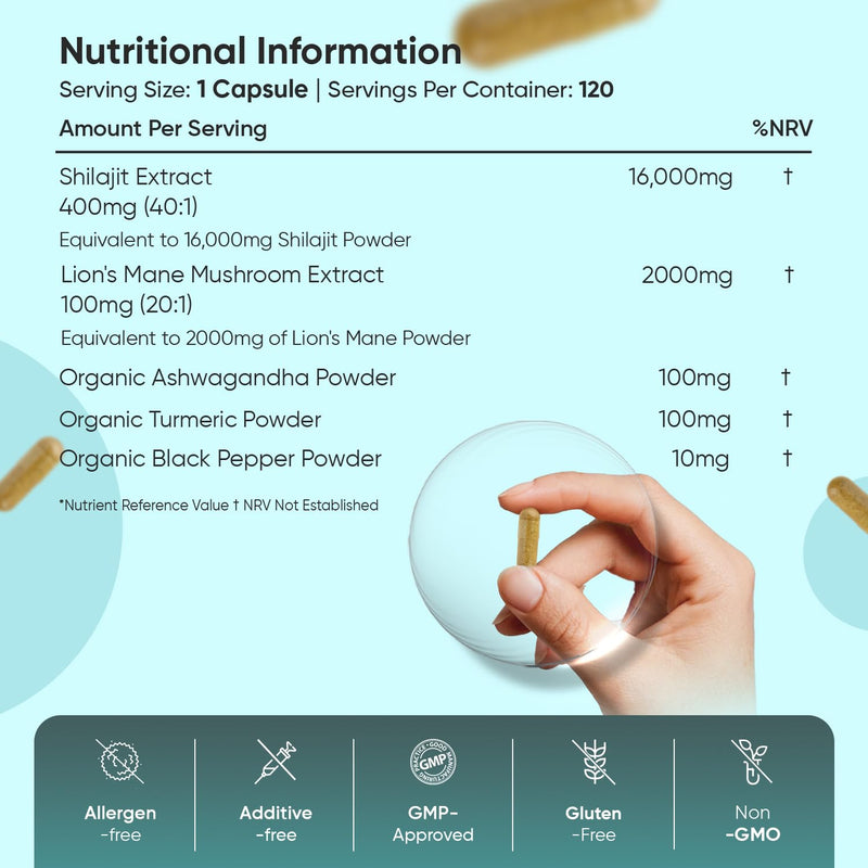 Himalayan Shilajit Capsules 18,210mg | 120 Capsules | 4 Months Supply | 1 a Day | with Organic Ashwagandha, Turmeric, Lion's Mane Mushroom, & Black Pepper | Shilajit for Women & Men | Made in the UK