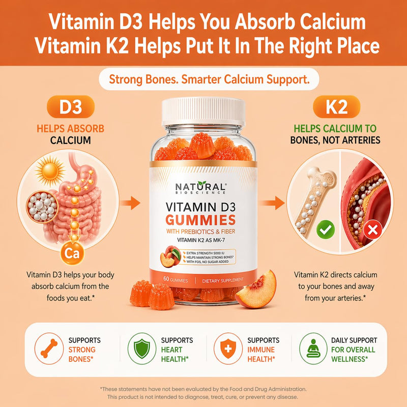 Sugar Free Vitamin D3 K2 Gummies - Vitamin D3 Gummies 5000 IU+K2 MK7 80 mcg, K2 D3 Vitamin Supplement Adults, Vitamin D K2 for Bones, Immune, Heart, Mood, Gluten-Free, Non-GMO, Natural Peach Flavor 1 Count (Pack of 180)