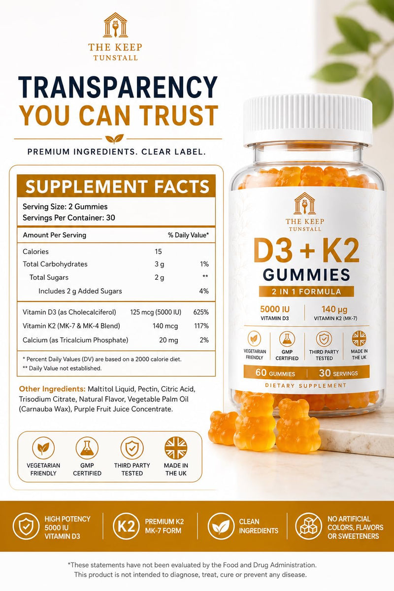 Vitamin D3 + K2 Gummies – Supports Bone Health, Immune System and Muscle Health – 2-in-1 Formula for Bone, Heart & Immune Support – Vegan, Sugar-Free, Gluten-Free – 60 Gummies - 30 Day Supply