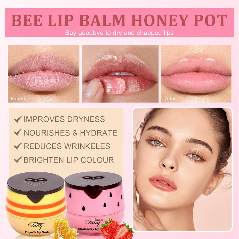 4 PCS Honey Pot Bee Lip Balm (Strawberry, Watermelon, Apple,honey), Moisturizes & Prevents Cracked Chapped LipsPropolis & Vitamin E Infused Overnight Honey Lip Mask,Gift Lip Balm Honey+Strawberry+Watermelon+Apple