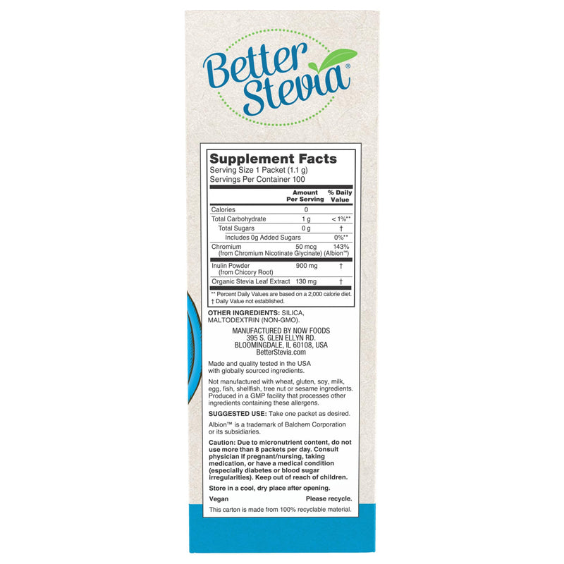 NOW Foods BetterStevia Balance with Chromium and Inulin, Zero-Calorie Granulated Sweetener Packets, Keto Friendly, Suitable for Diabetics, No Erythritol, 100 Packets