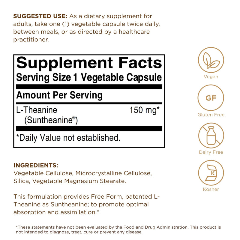 Solgar L-Theanine 150 mg - 60 Vegetable Capsules - Promotes Relaxation - Non-GMO, Vegan, Kosher & Gluten Free - 60 Servings | Amino acid present in green tea · Natural phytochemical · Promotes mental calm · Gluten free