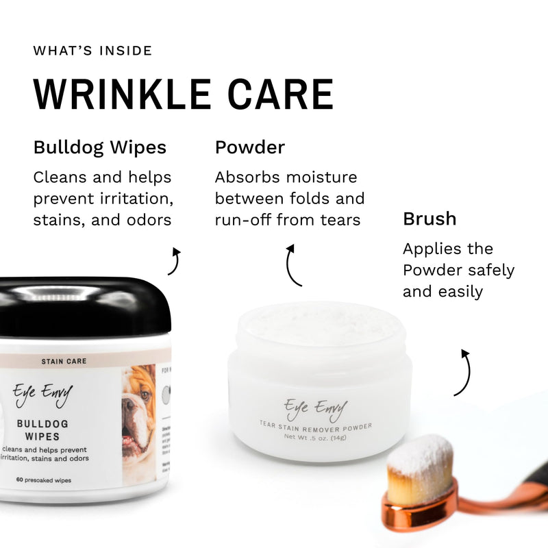 Eye Envy Bulldog Wrinkle Cleaner & Nose Care Kit. Bulldog Wrinkle Wipes, Tear Stain Powder, Applicator Brush & Dog Nose Balm. Cleans Skin Folds. Removes Stains. Helps Cracked Noses. Made in USA - PawsPlanet Australia