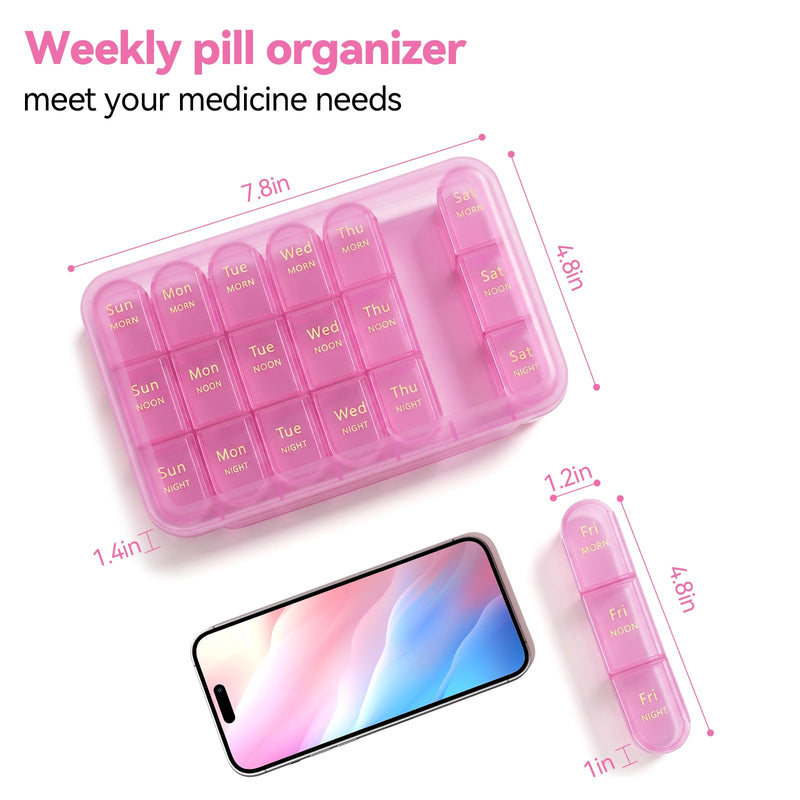 Zoksi Pill Organizer 3 Times a Day, 7 Day Weekly Pill Box | Removable Daily Cases, Large Capacity, Easy Open, Clear Labels, Travel-Friendly,Pill Holder for Vitamins & Supplements Pink Purple