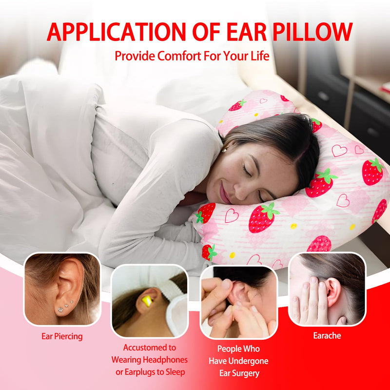 [Australia] - Ear Piercing Pillow for Side Sleepers – Pillow with Hole for Ear Pain Relief, Detachable/Cotton Curved Ear Pillow, for Ear Inflammation Pressure Sores - Strawberry 