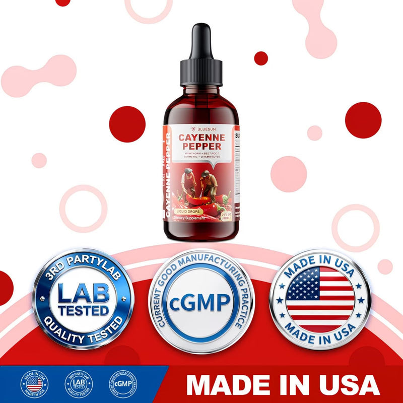 Cayenne Pepper Drops with Hawthorn Berry & Beet Root - Liquid Turmeric Curcumin, Vitamin D3 + K2 - Made in USA Herbal Supplement - Daily Wellness Formula - 2 Fl Oz (60ml)