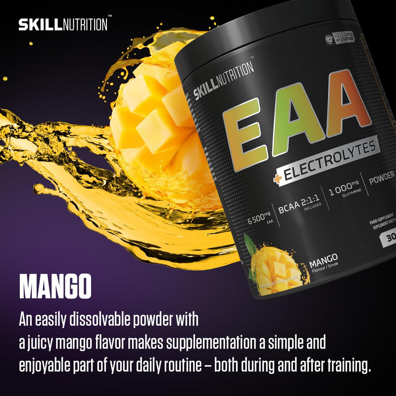 Skill Nutrition EAA + Electrolytes - Mango Flavour | 6.5 g EAA per Serving | BCAA 2:1:1, 1000 mg L-Glutamine, Electrolytes & AstraGin® | Powder Supplement | 450 g
