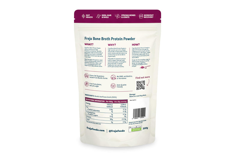 Freja Bone Broth Powder | 100% Natural Collagen & Protein Powder | Pure Beef, Grass-Fed | Amino Acids & Minerals | Nutrition for Healthy Gut, Skin, Hair & Nails | 300g (15 Servings)
