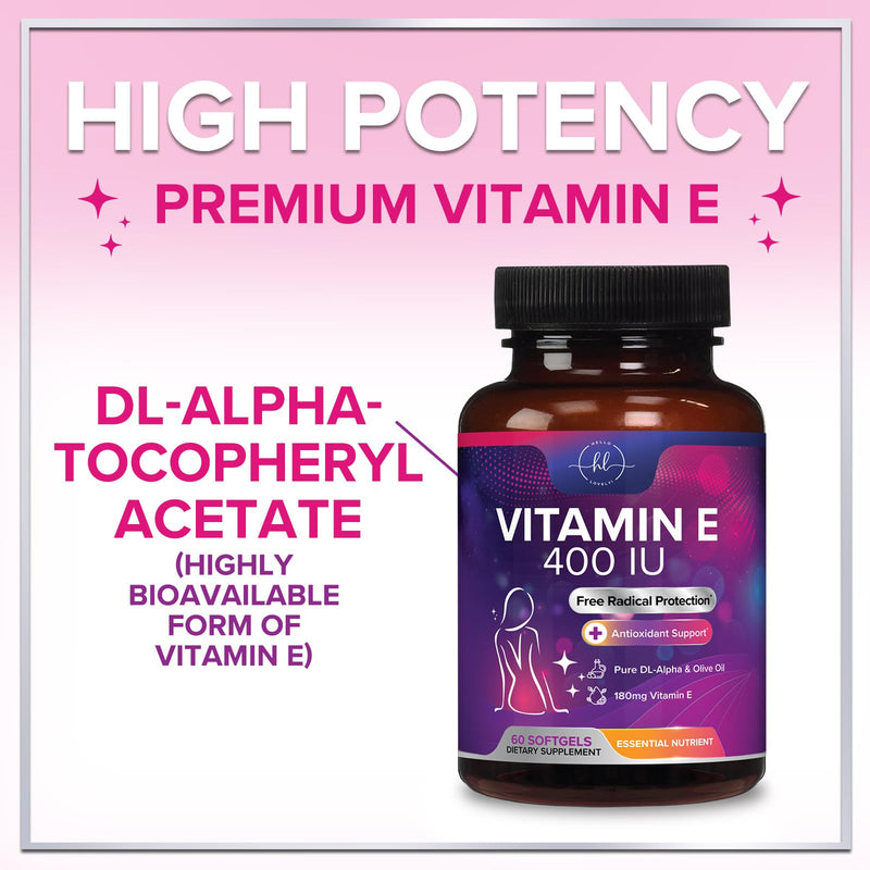 Vitamin E - 180 mg per Serving - Powerful Hair & Skin Support Supplement - dl-Alpha VitaminE Immune Health Support with Antioxidants - Easily Absorbed GMO & Gluten Free, Bottled in USA - 60 Softgels 60 Count (Pack of 1)