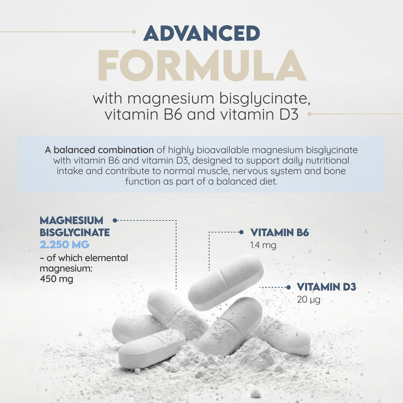 Magnesium Bisglycinate 2250mgt, 450mg Elemental Magnesium, Vitamin D3 + B6 (up to 5 Months) 150 High Absorbtion Divisible Tablets, Help Reduce Tiredness and Fatigue. N2 Natural Nutrition