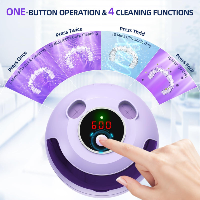 [Australia] - Ultrasonic Retainer Cleaner, Retainer Cleaner Machine for Dentures, Mouth Guards, Braces, Toothbrush Heads, Jewelry with 200ML Capacity, 45kHz Retainer Cleaning, 4 Modes for Appliances, Purple 