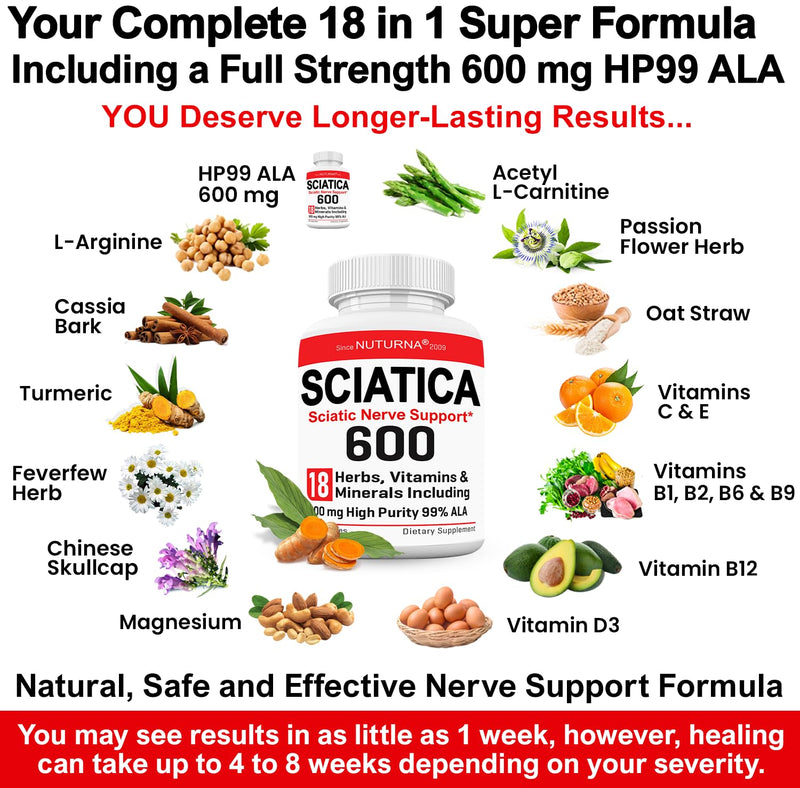 Sciatica Nerve Relief Supplement with 600 mg Alpha Lipoic Acid - Maximum Strength ALA Sciatic Support for Feet, Hands, Fingers, and Legs - Ultra Potent 18-in-1 Natural Nerve Vitamins - 120 Capsules