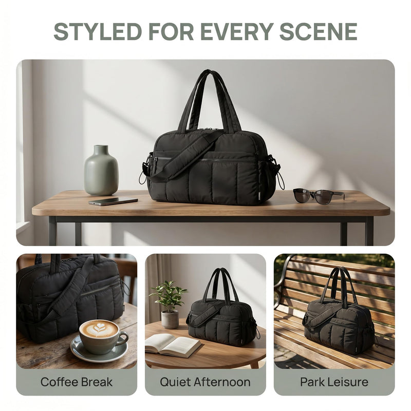Perphy Women Quilted Travel Duffel Bags with Detachable Shoulder Strap | Multiple organizer pockets. Drawstring side accents. Classic black finish 15.7 * 8.3 * 11.0 inches Black