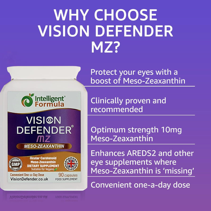 [Australia] - Vision Defender Meso Zeaxanthin Vegan Eye Supplement MZ- Protect and Improve Ocular Health & Eye Care, High Strength Antioxidant Carotenoid Meso-Zeaxanthin for Eyes (90 Capsules/One Daily) Made in UK 