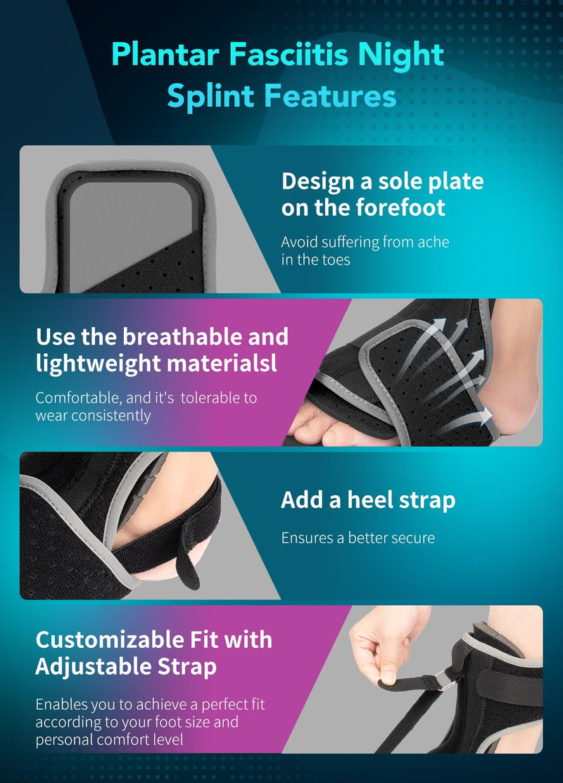 [Australia] - Plantar Fasciitis Night Splint with Massage Ball for Plantar Fasciitis Relief, Comfortable Plantar Fasciitis Brace for Achilles Tendonitis Heal Spur Foot-drop Flat-arch, Free Size for Men and Women - Black 1 Pack 