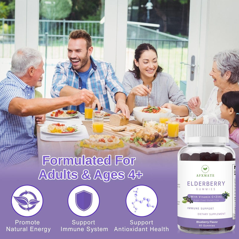 AFXMATE Elderberry Gummies with Zinc and Vitamin C for Adults & Ages 4+ | Immune Support Gummies, Sugar Free, Black Sambucus Elderberry