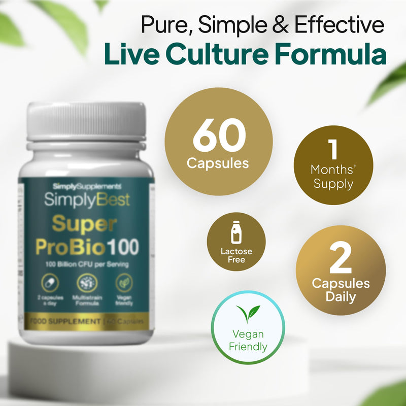 Super Pro Bio 100 | 100 Billion CFU per Serving | 16-Strain Live Bio Culture Complex | Helps Maintain a Balanced Gut Microbiome | Vegan Friendly | 60 Capsules = 1 Month Supply | Made in the UK