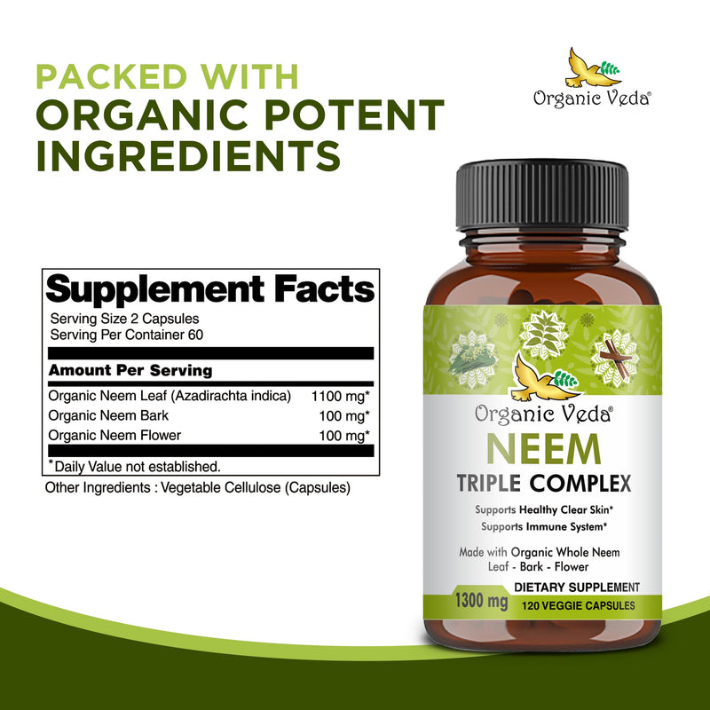 [Australia] - Organic Veda Neem Capsules with Triple Complex Neem Leaf Extract, Bark & Flower - Herbal Neem Supplement Boosts Immunity, Improves Digestion, Skin Health & Support Cleansing - 120 Count 