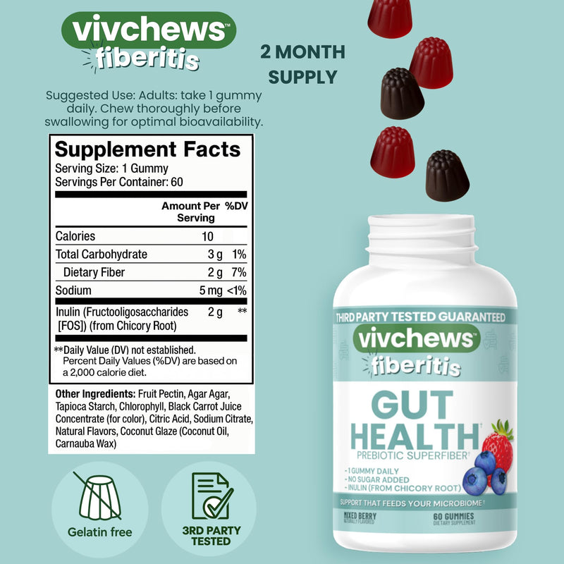 Gut Health Gummies – Prebiotic Fiber for Bloating Relief, No Sugar Added, Non-GMO, Fruit Pectin Based, Gluten-Free, No Artificial Colors, Flavors or Sweeteners, 2 Month Supply