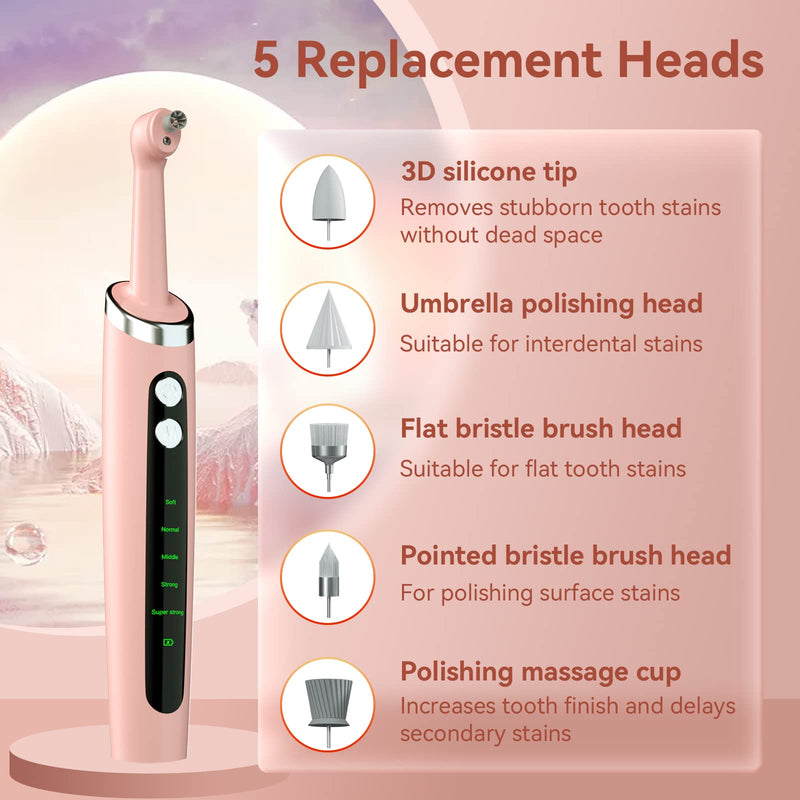 Tooth Polisher,Electric Tooth Polisher Professional with 5 Replacement Heads & 5 Cleaning Modes,USB Rechargeable,Ipx6 Waterproof, Pulidor De Dientes Electrico for Adults & Kids Pink