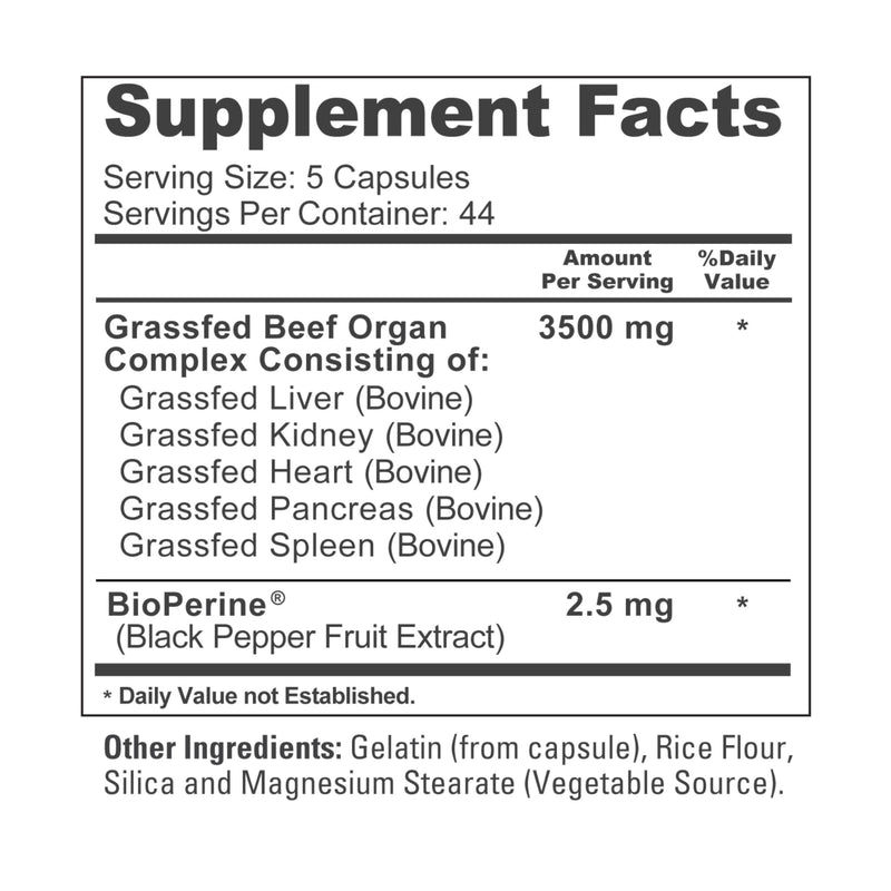 Grass Fed Beef Organ Pasture Raised 3500mg, Soyfree, 220 Caps - 44 Servings | Dietary Supplement Formula, Grassfed, Pasture-Raised Beef Organs & BioPerine, Suitable for Adults, Made in cGMP Facility USA