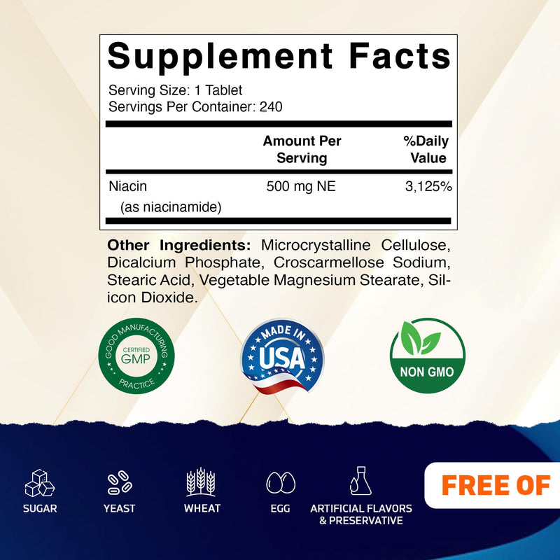 Vitamatic Niacinamide 500 mg 240 Tablets - Flush Free Vitamin B3 - Supports Energy Production 240 Count (Pack of 1)