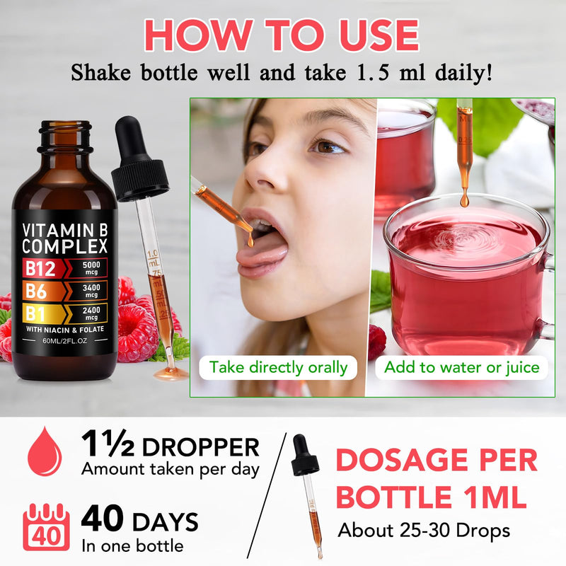 Vitamin B Complex Liquid Drops, 60ml | with Vitamin B12, B6, B1 and Folate, for Metabolic Health Support, Immune Support, Energy Levels, Brain Heart Function, for Men & Women