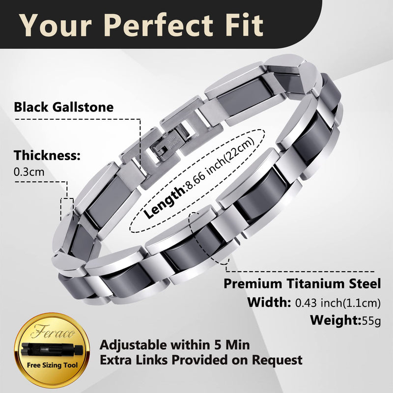 [Australia] - Feraco Mens Magnetic Bracelets, Classic Balck Titanium Stainless Steel Bracelet with Hematite Magnet Stones, Natural Health Jewelry Gifts, 8.66 inch Silver 