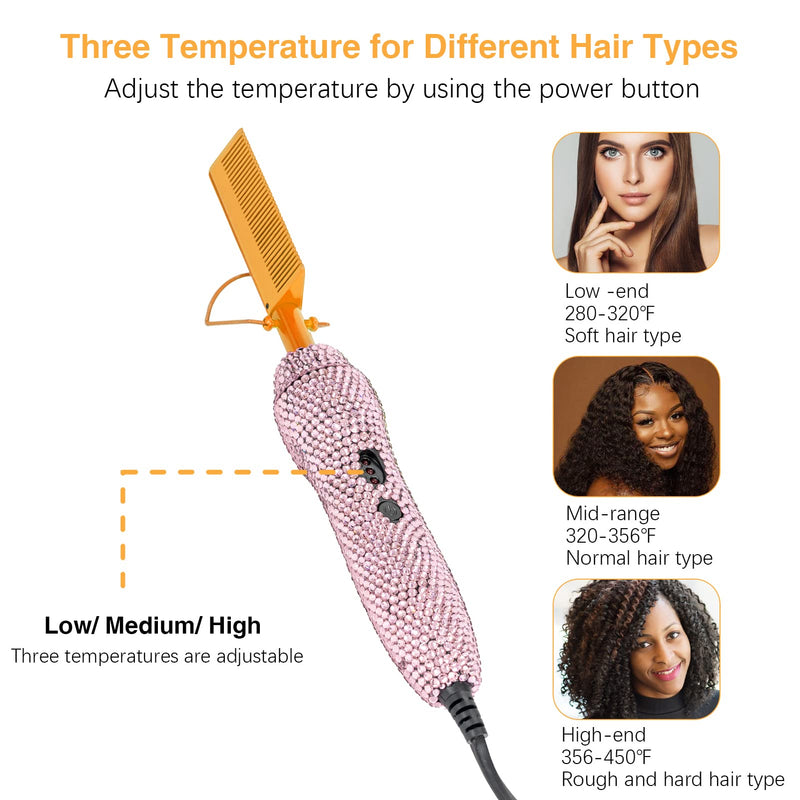 Diamond Electric Adjustable Temperature Hair Straightener Brush Set for Wigs and Natural Black Hair (Gold) Gold
