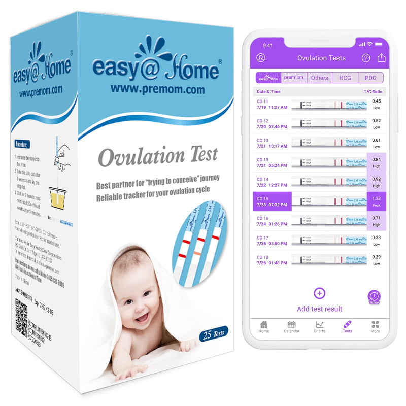 Easy@Home Ovulation Test Strips, 25 Pack Fertility Tests | Ovulation Predictor Kit, Powered by Premom Ovulation Predictor iOS and Android App, 25 LH Strips 25 Count (Pack of 1)