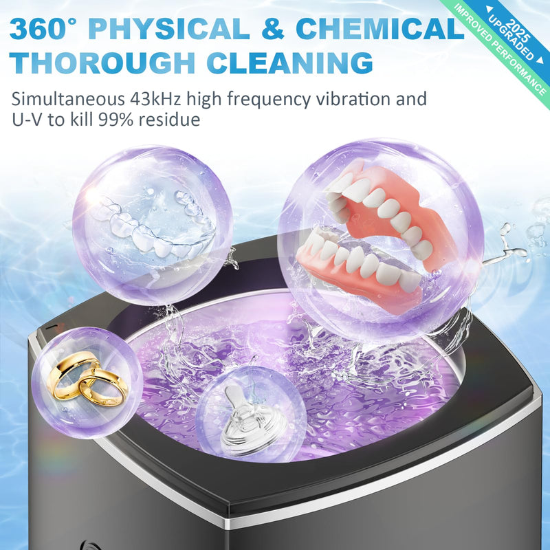 [Australia] - Ultrasonic Retainer Cleaner for Dentures - Sonic Denture Cleaner Machine for Mouth Guard Retainer Washer Sliver Jewelry Ring Brace Toothbrush Head Jewelry 43kHz Dental Tools Black 