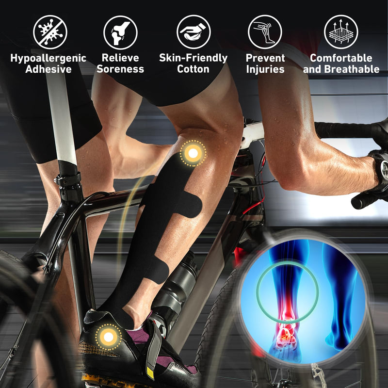 [Australia] - Kinesiology Tape for Achilles Tendon, KTQUICK 12 Count Achilles Tendon Tape Precut, Original Cotton Waterproof&Breathable, Enhance Elastic Kinesiology Athletic Tape for Achilles&Muscle Support(Black) Black 