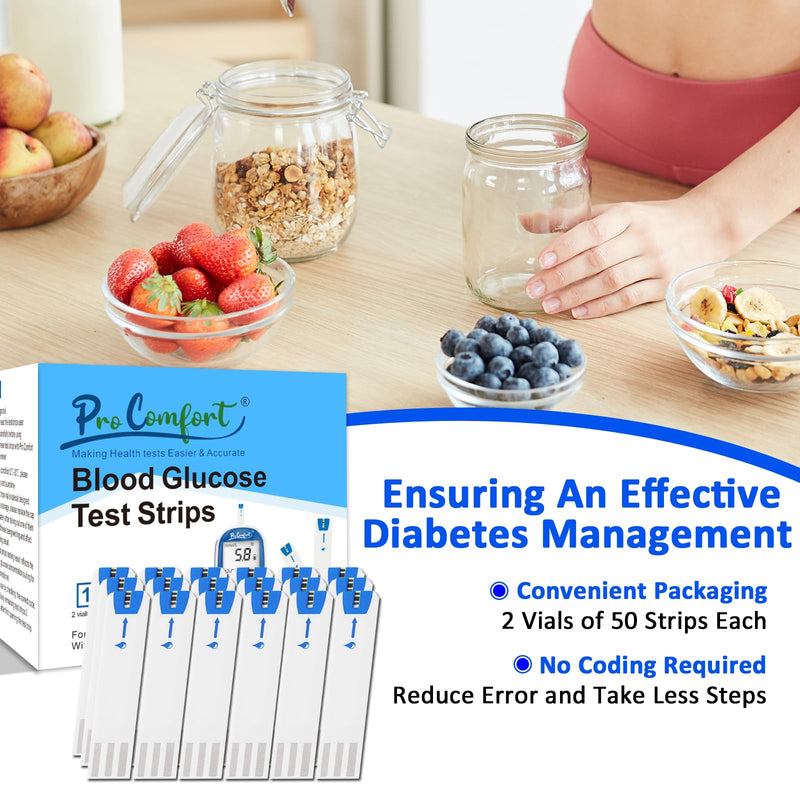 [Australia] - Blood Glucose Test Strips for Diabetes 100 Count Blood Sugar Test Strip, Used with Pro Comfort Glucose Monitor Only, No Coding 