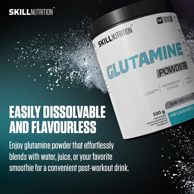 Skill Nutrition Glutamine - 500 g | L-Glutamine Powder | Supports Recovery & Muscle Rebuilding | Free from Sugar & Fillers | Vegan & Vegetarian-Friendly 500 (Pack of 1)