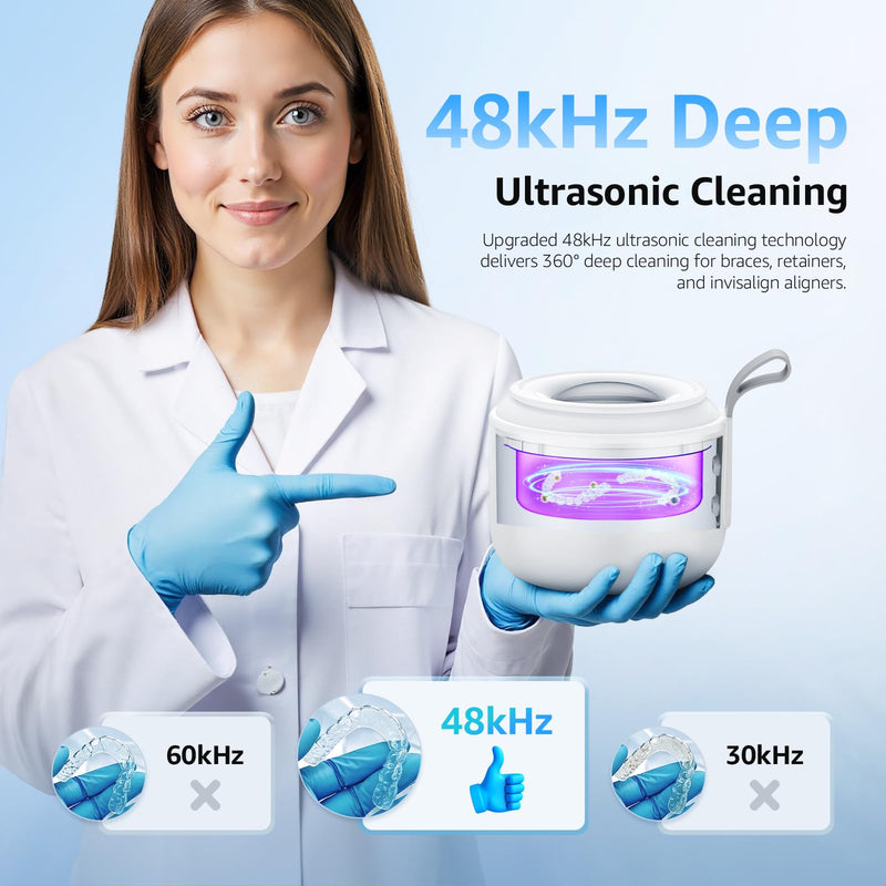 [Australia] - Ultrasonic Retainer Cleaner Machine: 48kHz Rechargeable Cordless Denture Cleaner - Waterproof Ultrasonic Jewelry Cleaner - 200ML Dental Cleaning Pod for Mouth Guard, Aligner, White 