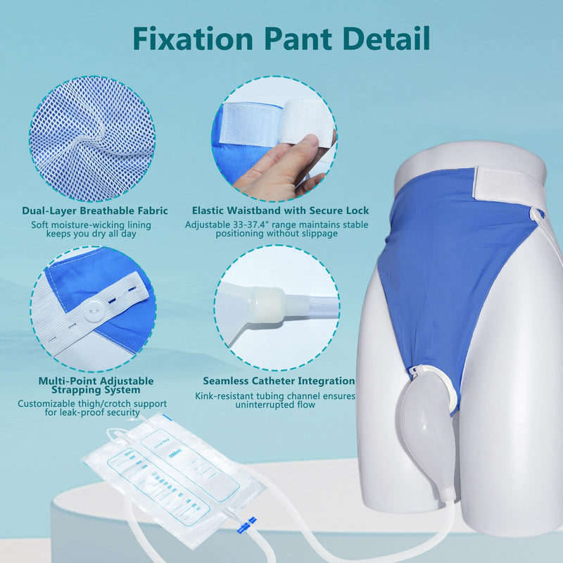 [Australia] - Wearable Urine Collector with Reusable Silicone Unit with Breathable Fixative Pant with Two Urinary Drainage Bags 2000ml 1000ml and 1.2m Catheter Soft Edge Spill Resistant, Elderly Men Blue Elderly Male Blue 