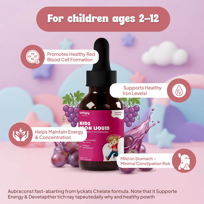 Kids Iron Supplement Liquid Drops for Children Ages 2 to 12, Iron Bisglycinate with Vitamin C, Calcium and Zinc, Liquid Iron for Kids Gentle on Stomach, Grape Flavor, 1fl oz