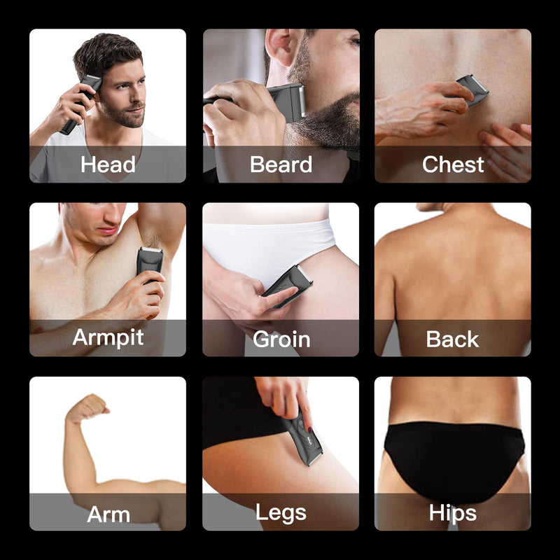 [Australia] - 2-in 1 Body Hair Trimmers for Men, Pubic Groin Hair Trimmer for Men with Dual-Head Trimmer & Foil Blade, Electric Ball Trimmer Razors w/Light, Charging Dock, Waterproof Body Groomer Shaver Kit 2 in 1 Black 