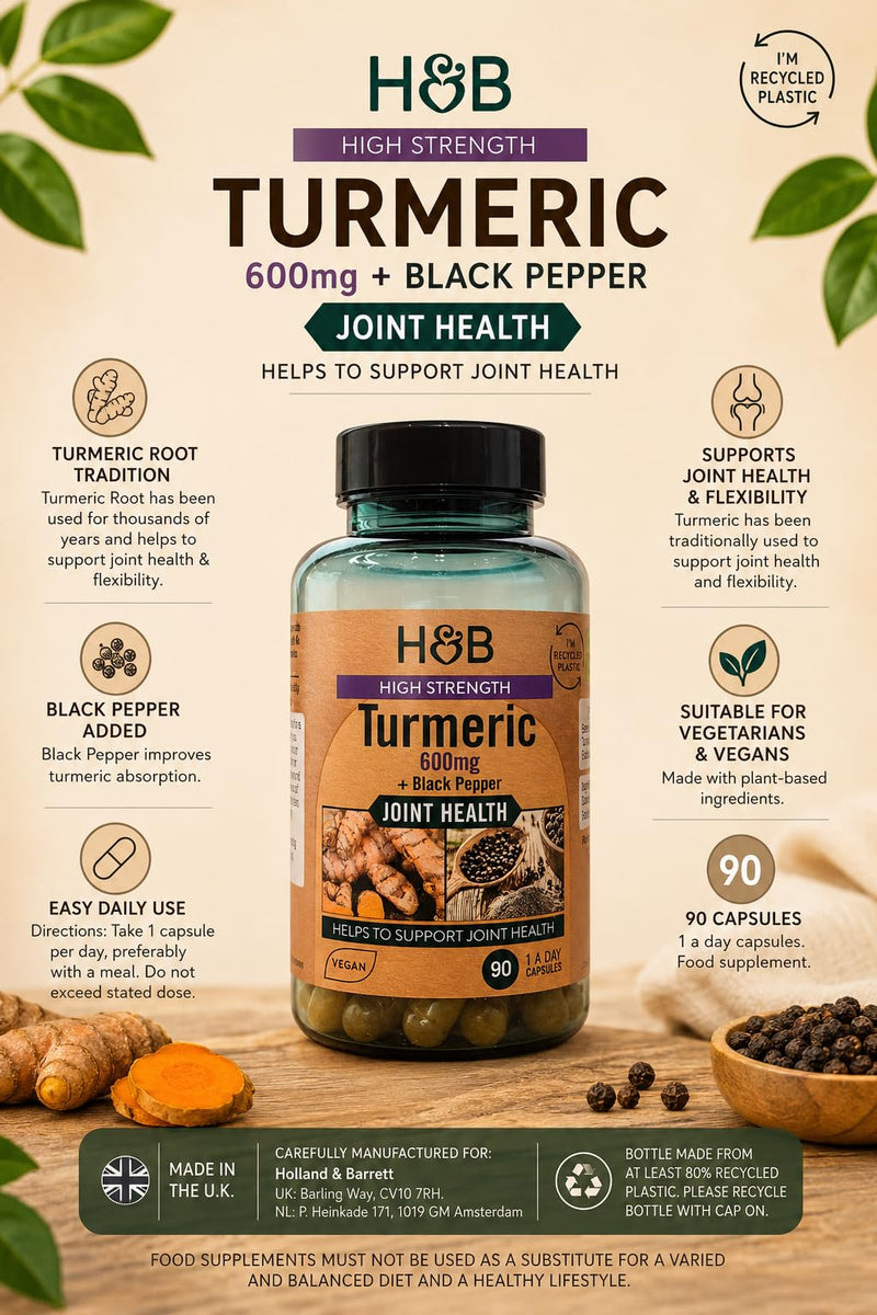 Holland & Barrett High Strength Turmeric 600mg + Black Pepper 90 Capsules, Vegan Joint Health Supplement, Helps Support Joint Health & Flexibility, One Capsule Daily