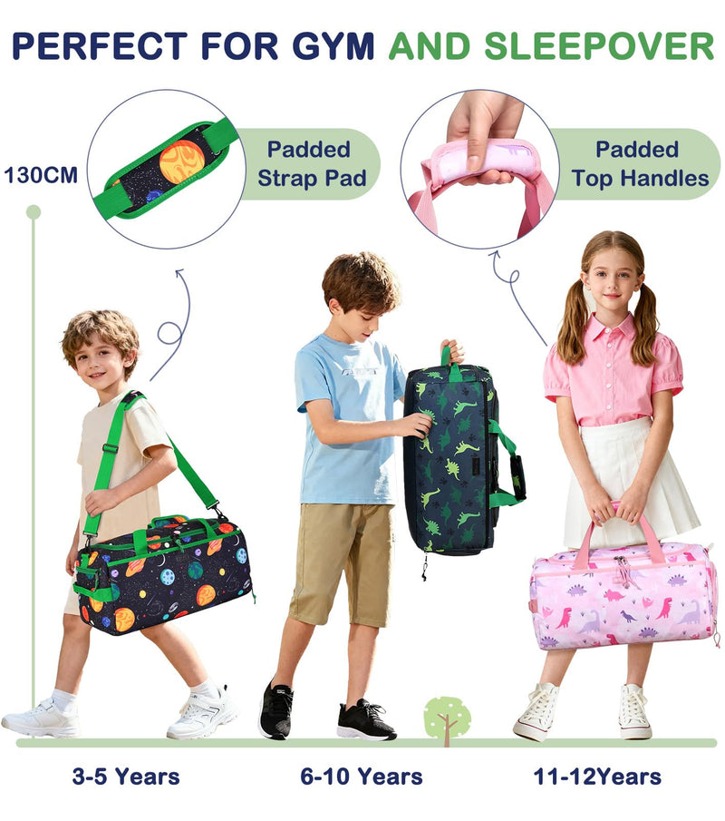 Kids Duffle Bag,VASCHY Travel Bag for Toddler Children Boys Water Resistant Overnight Duffel Ballet Dance Sport Carry On Weekender Bag with Shoes Compartment Dry Wet Pocket Green Dinosaur
