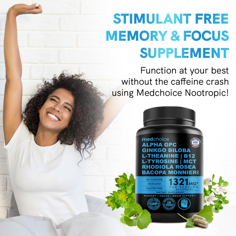 [Australia] - 11-in-1 Nootropic Brain Supplements: Memory & Focus Supplement with Ginkgo Biloba, L Theanine, Bioperine, & Alpha GPC Choline - 1321mg, 60ct - Stimulant Free, Vegan - Focus Brain Support (1 pack) Caffeine-free 60 Count (Pack of 1) 