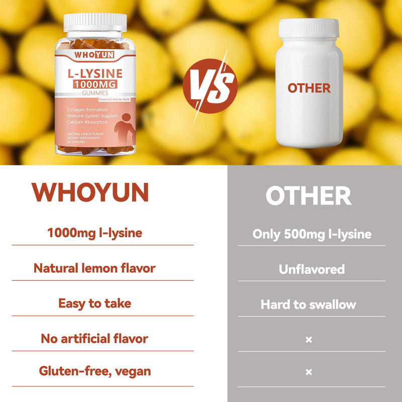 [Australia] - L-Lysine 1000mg Gummies, Chewable Lysine Supplement for Adults, Immune Support, Collagen Formation Support, Lemon Flavor, 60 Count 60 Count (Pack of 1) 