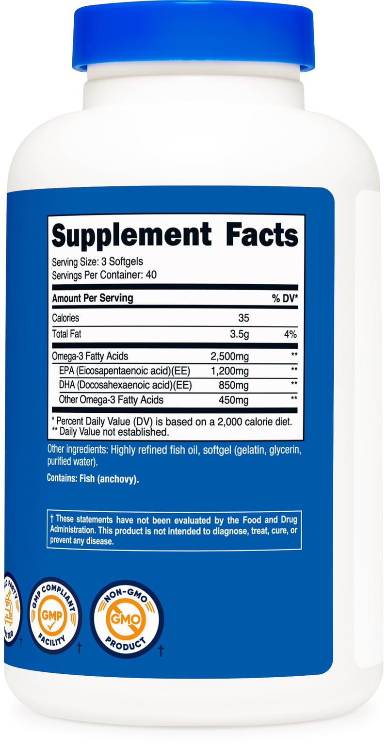 Nutricost Omega 3 Fish Oil - 2500MG, 120 Softgels (40 Serv) - Fish Oil, Wild Caught! 1200mg EPA 850mg DHA - Non-GMO, Gluten Free Unflavored 120 Count (Pack of 1)