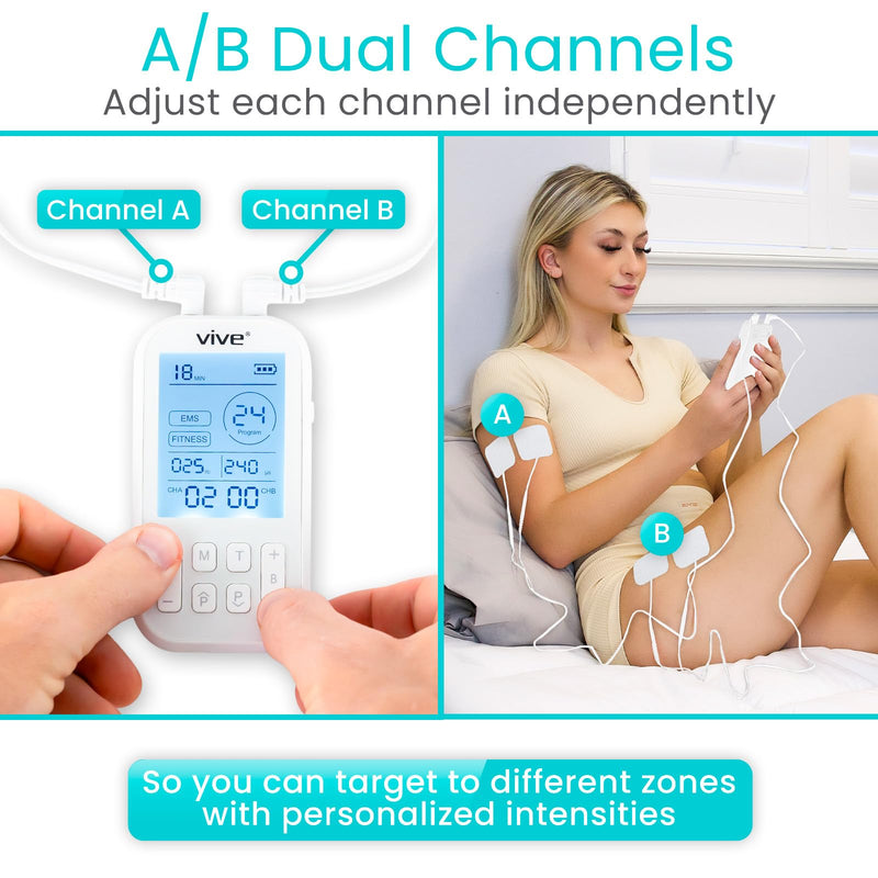 Vive Stim Machine for Muscle Recovery - 24 Mode Tens Unit Stimulator for Pain Relief Therapy - 24 EMS & 12 Fitness Models with Electrodes for Period Cramps, Physical Therapy - Stimulation Device