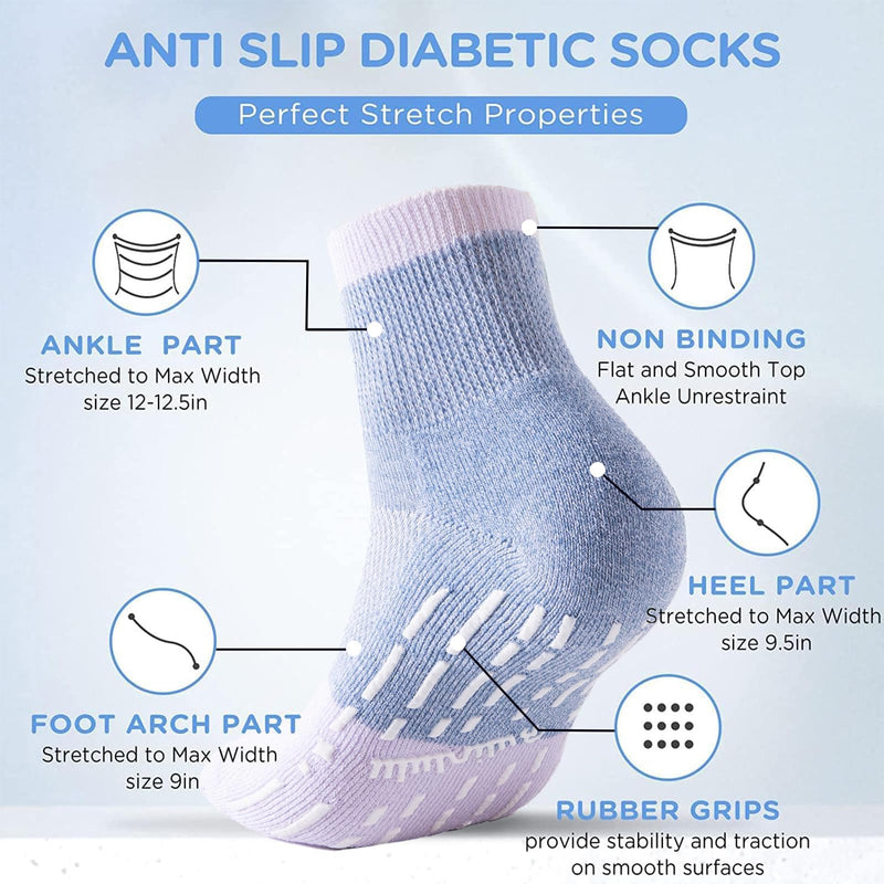 [Australia] - Diabetic Socks with Grippers for Men Women -6 Pairs Non Binding Diabetic Ankle Slipper Socks Size 6-9 9-12 Purple/Green/Orange Red/Pale Purple/Black/White Large 